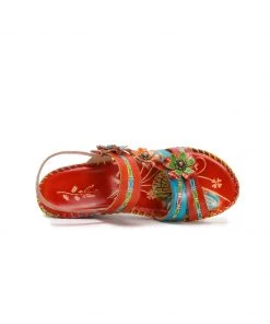 RXD SOFFIA | Red Floral Applique Genuine Leather Low Heel Sandals