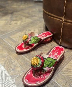 JF NEW ARRIVALS SOFFIA | Genuine Leather Plumeria Appliqued Flip Flop Low Heel Sandals - Red