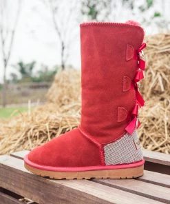 XH NEW ARRIVALS SMAIBULUN UGG™ | Back Rhinestone & Ribbon Triple Bow Tie Suede Boots - Red