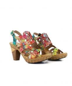 RXD NEW ARRIVALS SOFFIA | Genuine Leather Garden Print Swirl Heel Sandals - Red