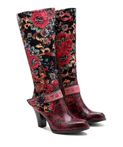 Genuine Leather Red Flower Color Block Leather Knight Knee Boots Heel Boots - Soffia