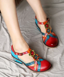 SOFFIA | Genuine Leather Cut Out T-Strap Dora Sandals Oxford Shoes