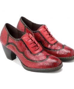 Genuine Leather Floral Embossed Oxford Shoes Heel Bootie Pumps - SOFFIA