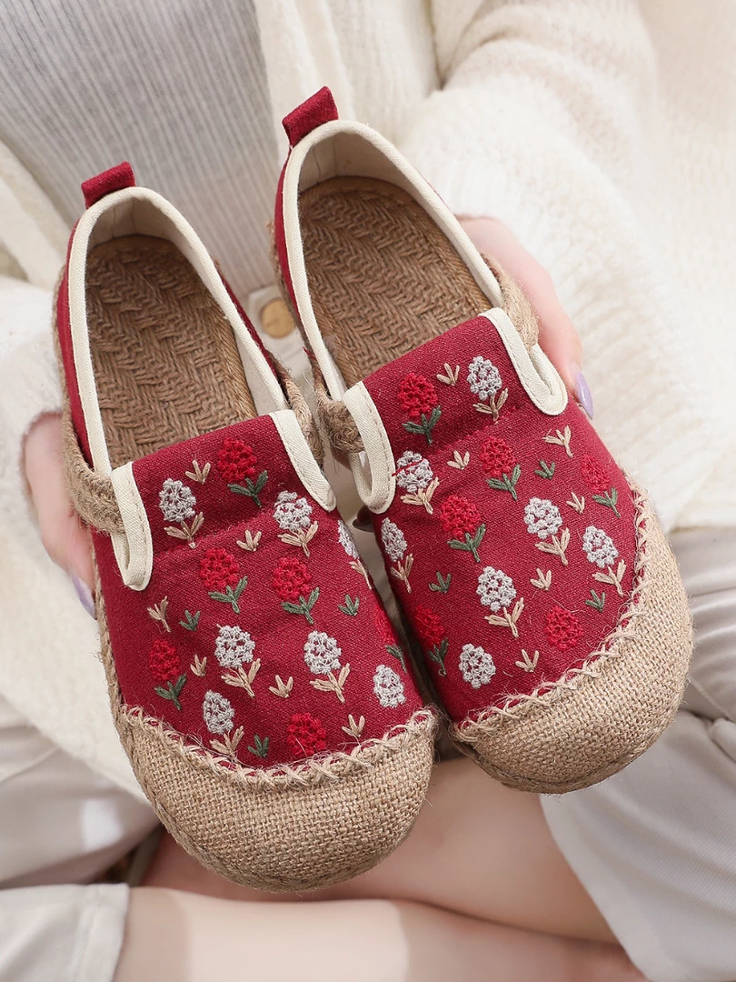 TC Cactus Rose | Berry Blossom Embroidered Linen Espadrille - Red 1 TC Cactus Rose | Berry Blossom Embroidered Linen Espadrille - Red