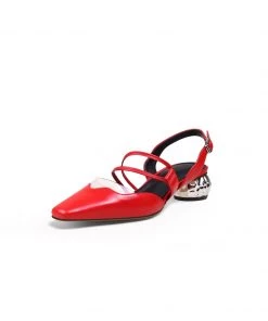 Jady Rose JadyRose | Double Strap-Detail Low Heel Point Toe Leather D'Orsay Pumps Sandals- Red NEW ARRIVALS