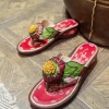 JF NEW ARRIVALS SOFFIA | Genuine Leather Plumeria Appliqued Flip Flop Low Heel Sandals - Red