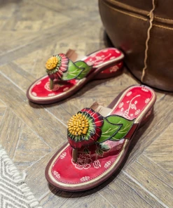 JF NEW ARRIVALS SOFFIA | Genuine Leather Plumeria Appliqued Flip Flop Low Heel Sandals - Red