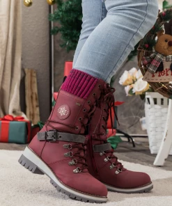 YL En Bloom | Red Ribbed-Cuff Buckle-Strap Boot New In Shoes