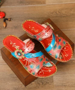 RXD SOFFIA | Red Floral Perforated Genuine Leather Slides