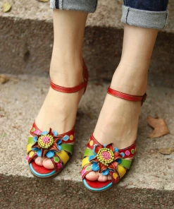 NEW ARRIVALS SOFFIA | Genuine Leather Bloom Flower Applique Low Heel Strapy Sandals