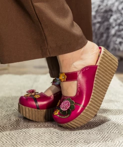 JF SOFFIA | Genuine Leather Red Ribbed-Sole Floral Appliqued Clogs NEW ARRIVALS