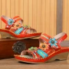 RXD SOFFIA | Red Floral Applique Genuine Leather Low Heel Sandals