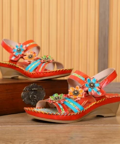 RXD SOFFIA | Red Floral Applique Genuine Leather Low Heel Sandals