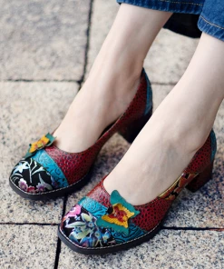 SOFFIA | Butterfly Applique Floral Embossed Round Toe Mid Heel Leather Pumps NEW ARRIVALS