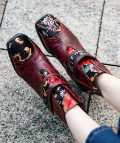 SOFFIA | Genuine Leather Orchid Embossed Red Heel Ankle Boots New In Shoes