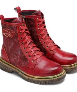 Tie Dye-Contrast Genuine Leather Combat Boots Ankle Boots - Soffia Shoes