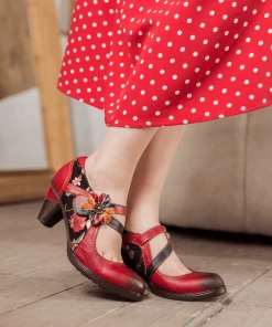 RXD SOFFIA | Crimson Flower Appliqued Leather Mary Jane