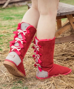 XH NEW ARRIVALS SMAIBULUN UGG™ | Back Rhinestone & Ribbon Triple Bow Tie Suede Boots - Red