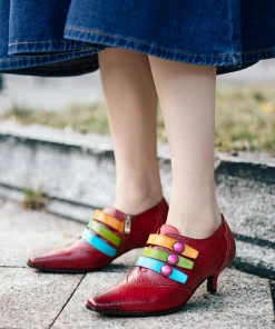 SOFFIA | Genuine Leather Colorful Tri-Strap Relieffed Leather Sandals Heel Oxford Shoes