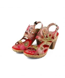 RXD New In Shoes SOFFIA | Genuine Leather Floral Embossed Cut Out Sandals - Red