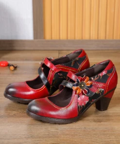 RXD SOFFIA | MILAS Side Flower Appliqued Red Leather Mary Jane