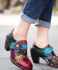 SOFFIA | Art Geometric Floral Appliqued Leather Mid Heel Ankle Boots Pumps