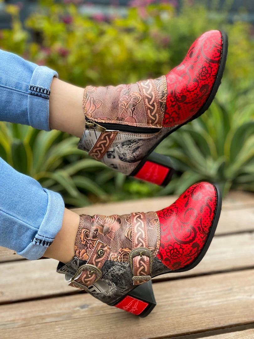 YL Embossed Triple-Flower Bootie Ankle Boots Heel Boots - En Bloom Shoes 2 YL Embossed Triple-Flower Bootie Ankle Boots Heel Boots - En Bloom Shoes