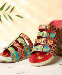 RXD SOFFIA | Genuine Leather Multi Straps Floral Embossed Sandals - Red