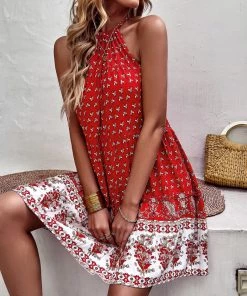 DY CARLYLE HALTER DRESS - RED PRINT New In Clothing