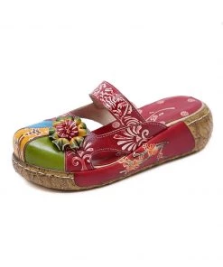 JF SOFFIA | FLORAL-APPLIQUE LEATHER PLATFORM SANDAL RED