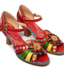 NEW ARRIVALS SOFFIA | Genuine Leather Bloom Flower Applique Low Heel Strapy Sandals