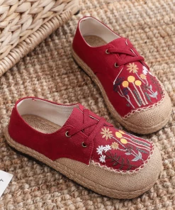 TC New In Shoes Cactus Rose | Garden Embroidered Linen Boat Shoes Espadrilles - Red