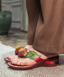 JF NEW ARRIVALS SOFFIA | Genuine Leather Plumeria Appliqued Flip Flop Low Heel Sandals - Red