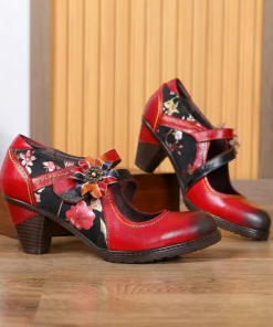 RXD SOFFIA | MILAS Side Flower Appliqued Red Leather Mary Jane