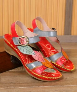 RXD SOFFIA | Red Floral Leaf Applique Genuine Leather Sandal NEW ARRIVALS