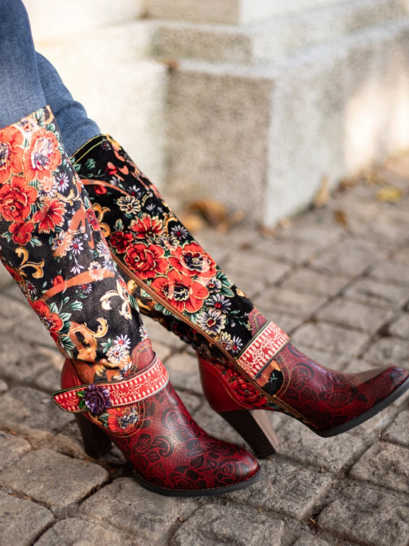 NEW ARRIVALS SOFFIA | Genuine Leather Peony Paisley Boho Knee Boots 3 NEW ARRIVALS SOFFIA | Genuine Leather Peony Paisley Boho Knee Boots