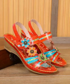 RXD SOFFIA | Red Floral Applique Genuine Leather Low Heel Sandals