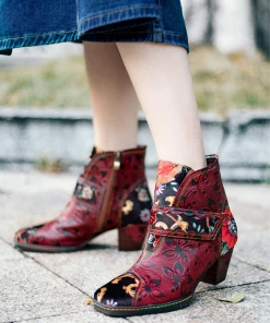 SOFFIA | Genuine Leather Orchid Embossed Red Heel Ankle Boots New In Shoes