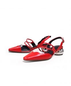 Jady Rose JadyRose | Double Strap-Detail Low Heel Point Toe Leather D'Orsay Pumps Sandals- Red NEW ARRIVALS