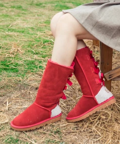 XH NEW ARRIVALS SMAIBULUN UGG™ | Back Rhinestone & Ribbon Triple Bow Tie Suede Boots - Red