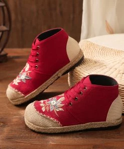 TC Embroidered Floral Head Hi-Top Sneakers Espadrilles - Cactus Rose