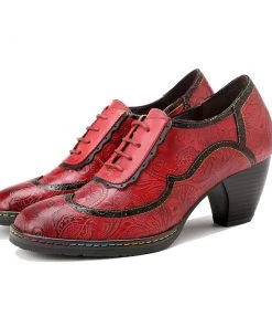 Genuine Leather Floral Embossed Oxford Shoes Heel Bootie Pumps - SOFFIA
