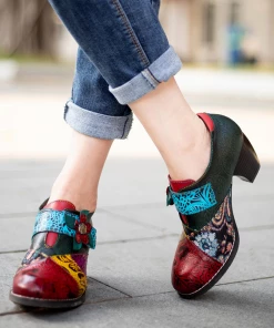 SOFFIA | Art Geometric Floral Appliqued Leather Mid Heel Ankle Boots Pumps