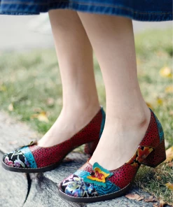 SOFFIA | Butterfly Applique Floral Embossed Round Toe Mid Heel Leather Pumps NEW ARRIVALS