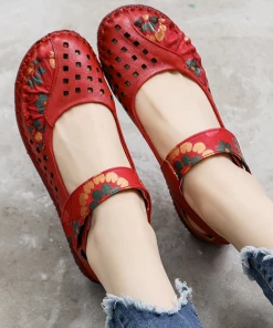 XR Rumour Has It | Perforated Flower Printed Leather Mary Jane Flats- Red NEW ARRIVALS