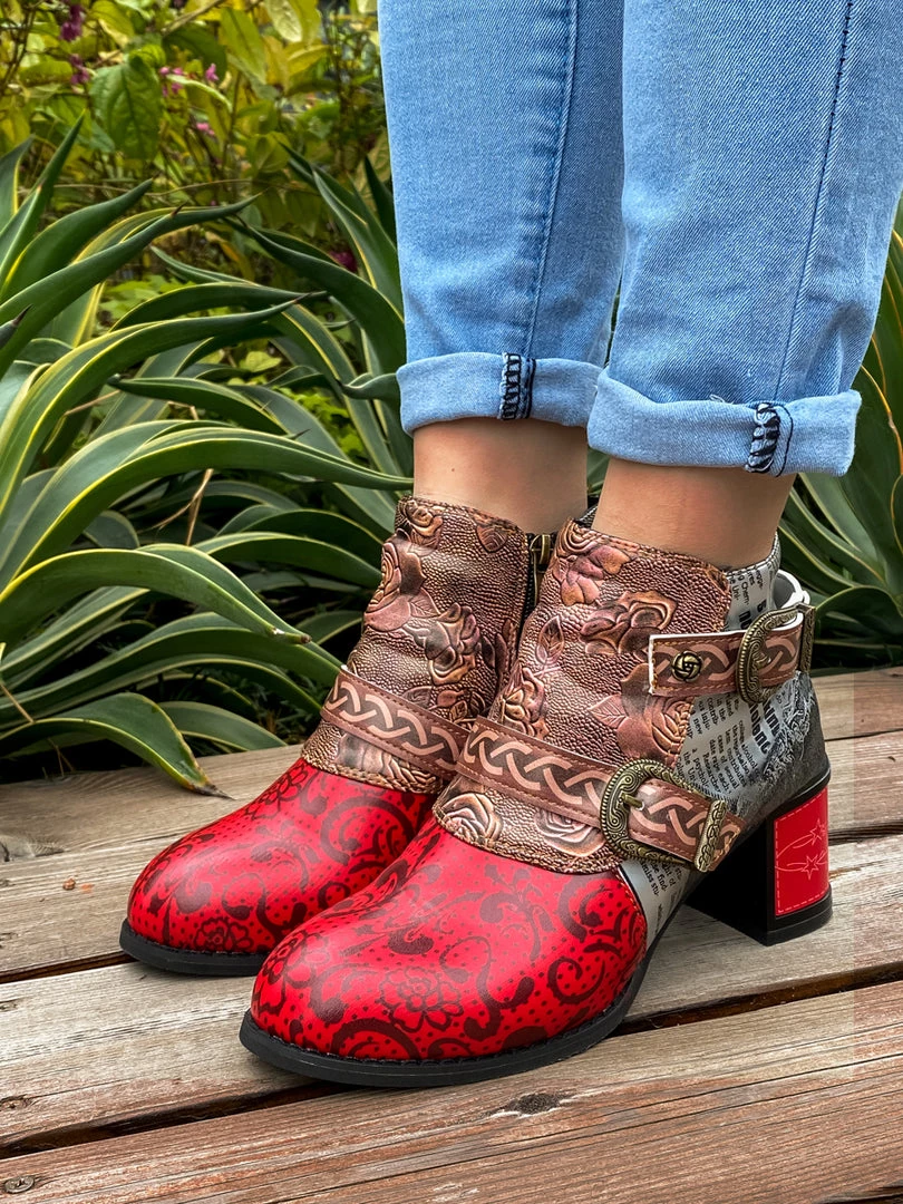 YL Embossed Triple-Flower Bootie Ankle Boots Heel Boots - En Bloom Shoes 3 YL Embossed Triple-Flower Bootie Ankle Boots Heel Boots - En Bloom Shoes