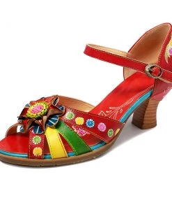 NEW ARRIVALS SOFFIA | Genuine Leather Bloom Flower Applique Low Heel Strapy Sandals