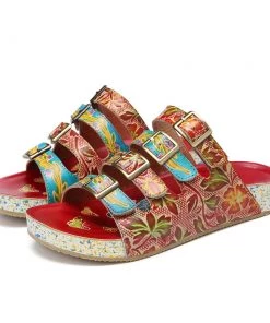 RXD SOFFIA | Genuine Leather Multi Straps Floral Embossed Sandals - Red