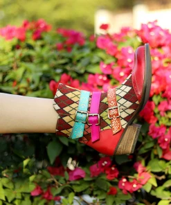 Shoes SOFFIA | Genuine Leather Bohemian Diamond Block Colorful Printed Leather Moto AnkleBoots