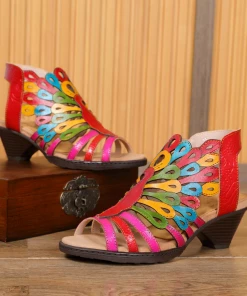 RXD SOFFIA | Genuine Leather Multi Color Cut Out Peacock Low Heel Sandals NEW ARRIVALS